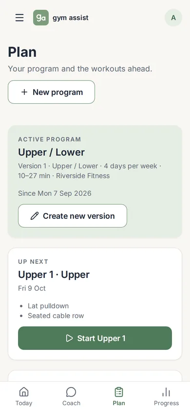Екран „План“ на Gym Assist на телефон